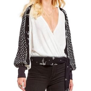 Free People Auxton Surplice Thermal Boho Print Tie Waist Longsleeve White Small